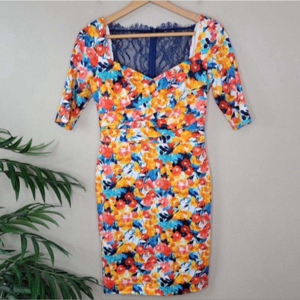 Theia | Floral Sheath Body Con Lace Back Dress